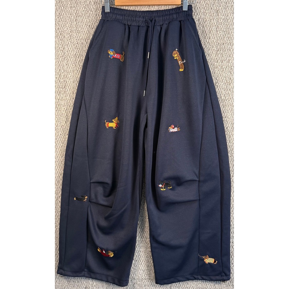 Unbranded Embroidered Dachshund Dog Wide Leg Sweatpants 3 Navy Balloon Pants